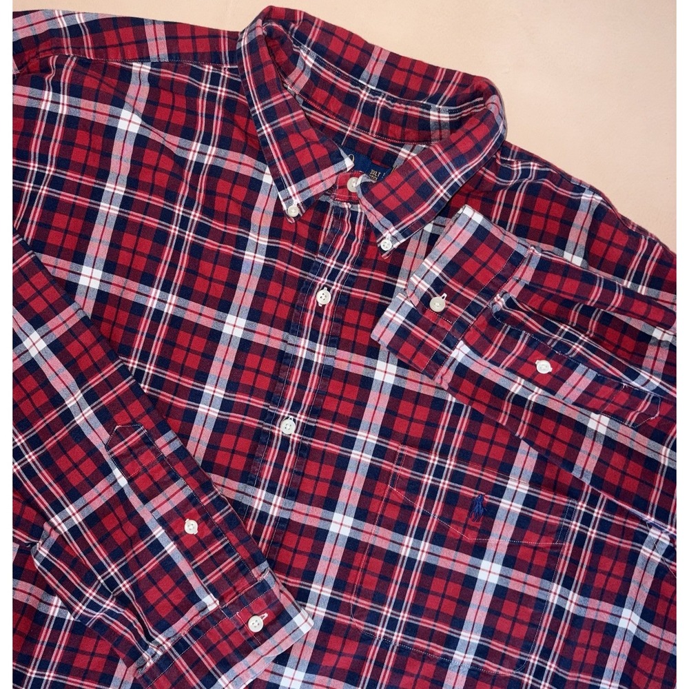 Polo Ralph Lauren 3XLT 3XL Oxford Long Sleeve Tall White Blue Plaid Pocket Sport